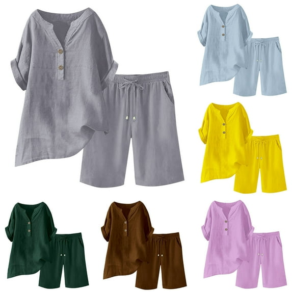 Feancey Womens 2 Piece Linen Sets Plus Size Casual Henley V Neck Shirt and Bermuda Shorts Lounge Set Solid Color Loose Summer Outfits Yellow M