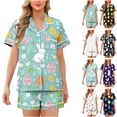 thumbnail image 1 of Feancey Womens 2 Piece Outfits Dressy Casual Easter Colorful Eggs Printed Pajama Sets Comfy Short Sleeve Button Down Shirts and Shorts Set Black XXL, 1 of 6