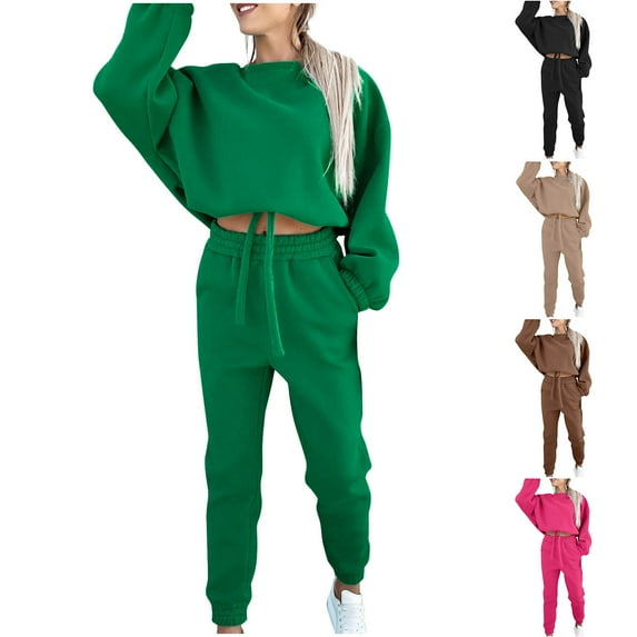 Feancey Womens 2 Piece Outfits Sweatsuit Long Sleeve Oversized Sweatshirts Jogger Sweatpants Tracksuits Set Fall Casual Solid Color Lounge Sets with Pockets Christmas on Sale Khaki M