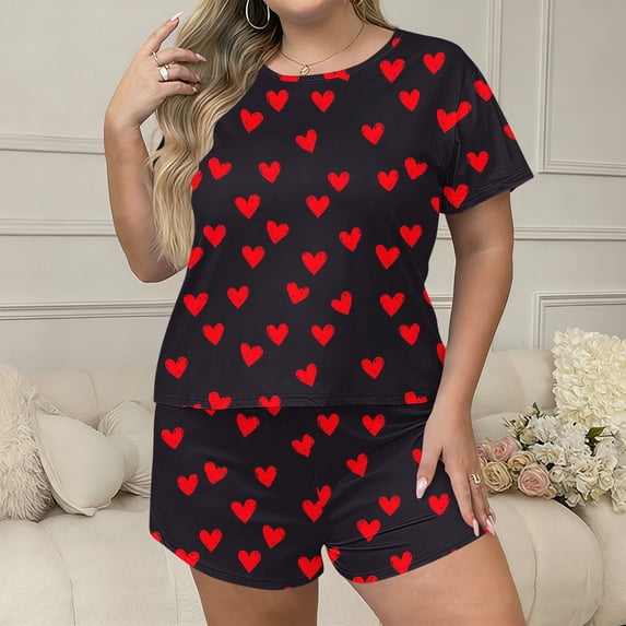 Feancey Womens 2 Piece Pjs Set Short Sleeve Heart Graphic Tees and Shorts Summer Outfits Casual Plus Size Pajama Sets Cozy Sleepwear Black XXL