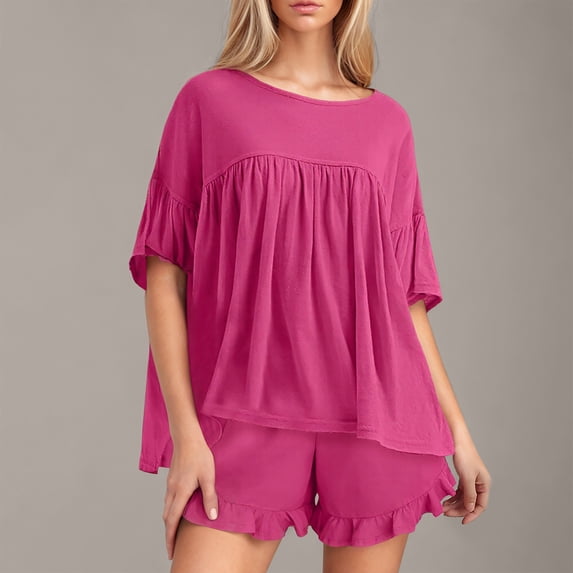 Feancey Womens 2 Piece Sets Summer Outfits 2025 Trendy Loungewear Set Oversized Casual Babydoll Tops and Ruffled Shorts Matching Pjs Set Hot Pink L