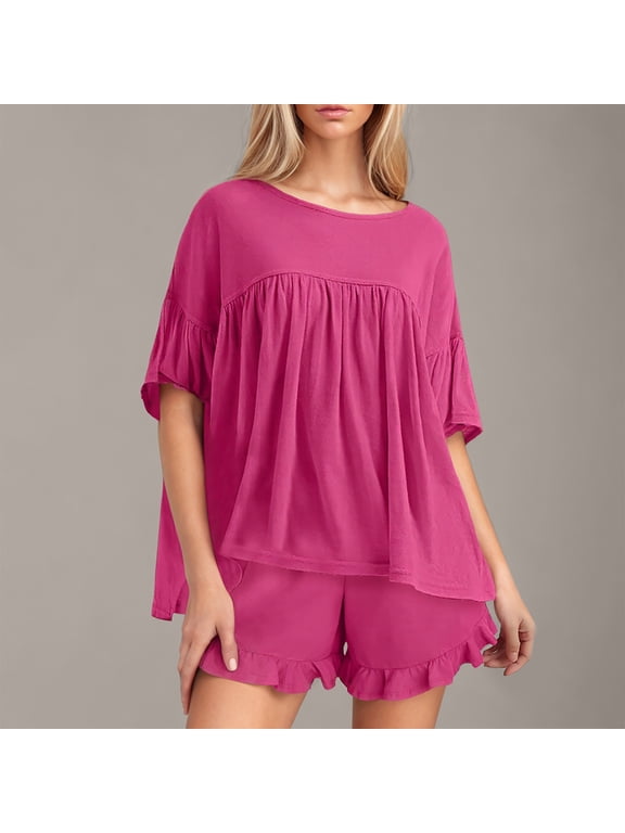 Womens 2 Piece Sets Summer Outfits 2025 Trendy Loungewear Set Oversized Casual Babydoll Tops and Ruffled Shorts Matching Pjs Set Hot Pink L