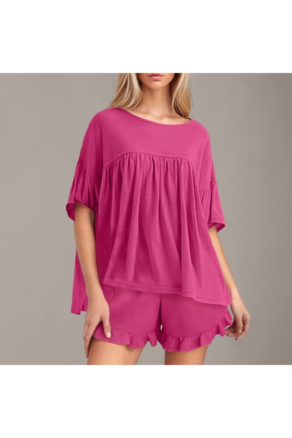 Womens 2 Piece Sets Summer Outfits 2025 Trendy Loungewear Set Oversized Casual Babydoll Tops and Ruffled Shorts Matching Pjs Set Hot Pink XL