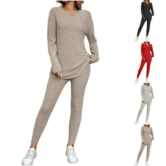 Feancey Womens 2 Piece Sweater Sets Fall Winter Long Sleeve Knit Pullover and High Waist Leggings Loungewear Set Solid Color Sweatsuits Gray S