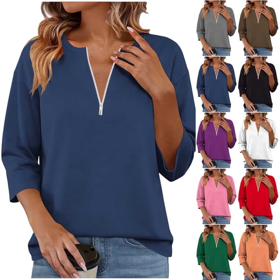 Feancey Womens 3/4 Length Sleeve Tops Casual Business Summer Tees Quarter Zip Up Collarless T-Shirt Dressy Trendy Going Out Blouse Brown M