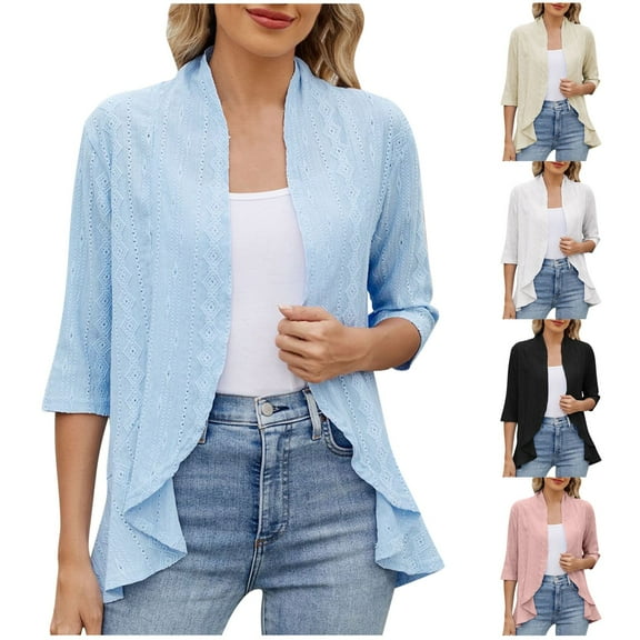Feancey Womens 3/4 Sleeve Cardigan Eyelet Casual Open Front Bolero Shrugs Flowy Ruffle Hem Cardigans 2025 Summer Fashion Jackets Black S