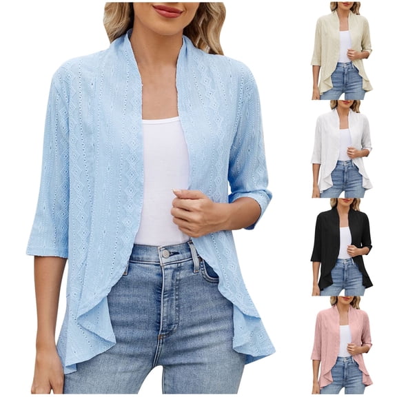 Feancey Womens 3/4 Sleeve Cardigan Eyelet Casual Open Front Bolero Shrugs Flowy Ruffle Hem Cardigans 2025 Summer Fashion Jackets Pink XL
