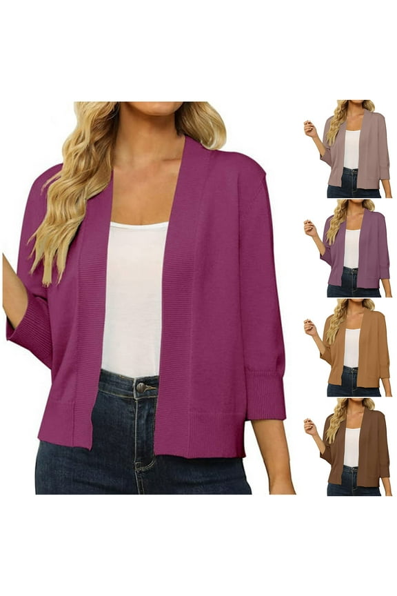 Womens 3/4 Sleeve Cardigan Sweater Ribbed Knit Casual Cropped Cardigans for Women Open Front Elegant Shrugs Cozy Soft Sweater Dusters Brown S