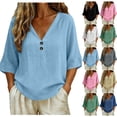 thumbnail image 1 of Feancey Womens 3/4 Sleeve Gauze Tops Button V Neck Summer Blouse Loose Fit Casual Boho T Shirts Solid Lightweight Beach Vacation Tee Shirt Khaki L, 1 of 8