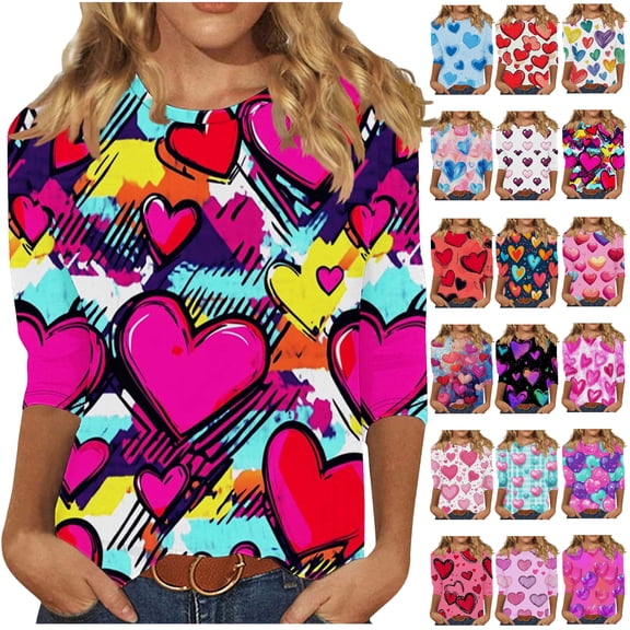 Feancey Womens 3/4 Sleeve Graphic Tees Fancy Heart Printed Plus Size Tops Loose Fit Casual Dressy Blouse for Date Night Valentines Shirt Mint Green S