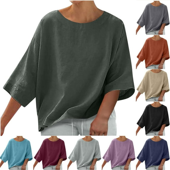 Feancey Womens 3/4 Sleeve Linen Tops Drop Shoulder Casual Crewneck Tee Summer Boho Solid Color Loose Blouse Flowy Beach Vacation Tshirt Purple L