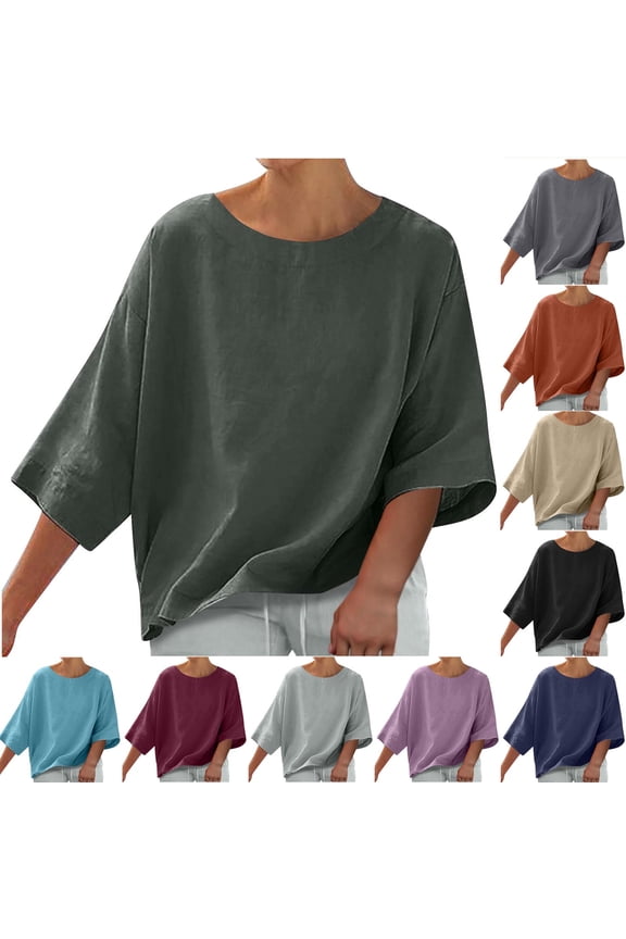Womens 3/4 Sleeve Linen Tops Drop Shoulder Casual Crewneck Tee Summer Boho Solid Color Loose Blouse Flowy Beach Vacation Tshirt Army Green M