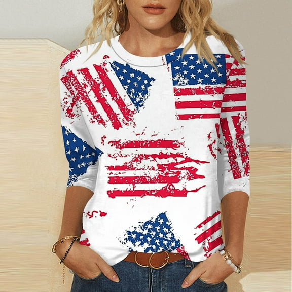 Feancey Womens 3/4 Sleeve Plus Size Tunic Tops July 4th American Flag T-Shirt Holiday Casual Crewneck Patriotic Tee Memorial Day Shirts Multicolor L