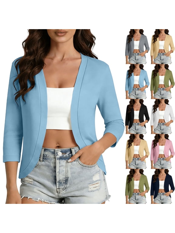 Womens 3/4 Sleeve Shrugs Lightweight Open Front Cropped Cardigans Dressy Casual Cardigan Jackets Solid Color Office Work Shirt Black M