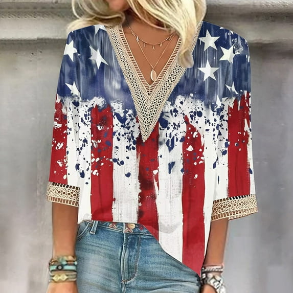 Feancey Womens 3/4 Sleeve Tops 4th of July Lace V Neck Plus Size Blouses Summer Casual American Flag Print Shirts 2025 Loose Patriotic Shirt Back to School Clothes,Red,L