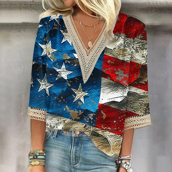 Feancey Womens 3/4 Sleeve Tops and Blouses American Flag Print Plus Size T-Shirts V Neck Lace Trim Patriotic Shirts 4th of July Loose Tunics Summer Red XL