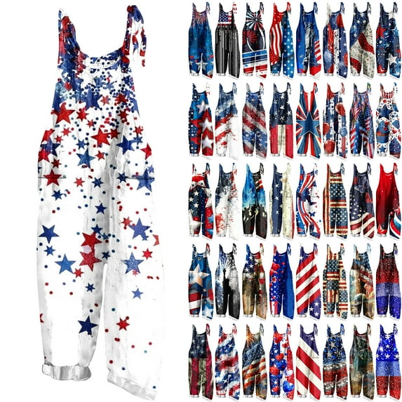 Feancey Womens 4th of July Plus Size Rompers Summer Casual American Flag Print Sleeveless Jumpsuits Independence Day Wide Leg Bib Overalls with Pockets Multicolor M