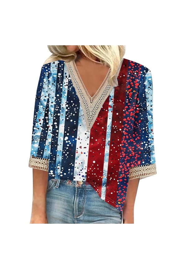 Womens 4th of July Tops Casual 3/4 Sleeve Lace V-neck Loose Tunics American Flag Print Dressy Blouses Summer Plus Size Trendy Patriotic Pullover Shirts