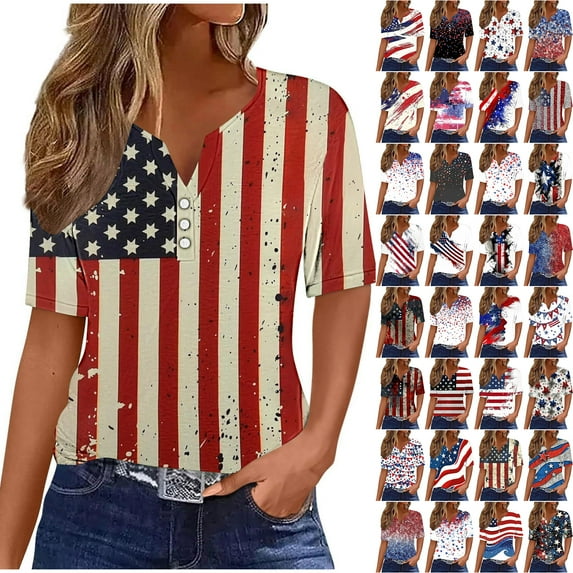 Feancey Womens 4th of July T-Shirts Button up Henley Shirt American Flag Print Patriotic Tee Summer Casual Short Sleeve V Neck Tops Multicolor M