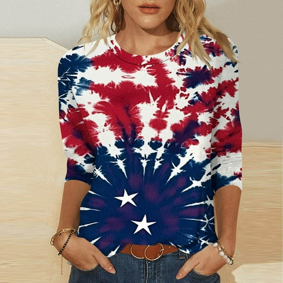 Feancey Womens American Flag Tshirts Crewneck 3/4 Sleeve Plus Size Tops 4th of July Shirts Memorial Day Novelty Graphic Tee Loose Fit Casual Dressy Blouse Limited Time Sales Multicolor XXL