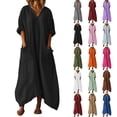 thumbnail image 1 of Feancey Womens Beach Maxi Dresses Cotton Linen 3/4 Sleeve Shift Dress V Neck Loose Swimsuit Cover Up Irregular Hem Summer Vacation Dresses with Pockets Black L, 1 of 8