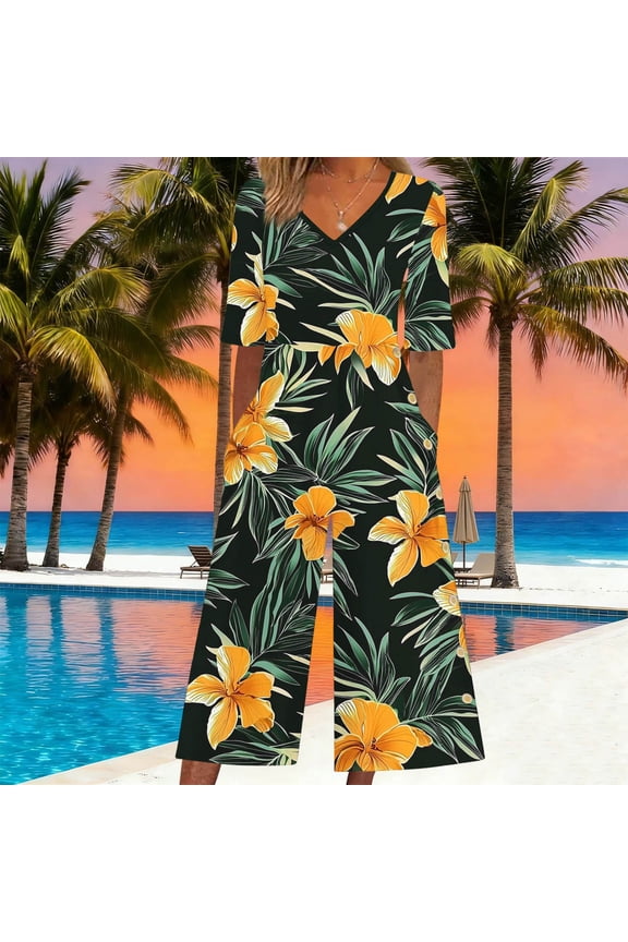 Womens Beach Rompers for Vacation Short Sleeve V Neck One-Piece Jumpsuits Boho Floral Printed Onesies Back Zipper Wide Leg Jumpsuit Pants with Pockets Yellow S