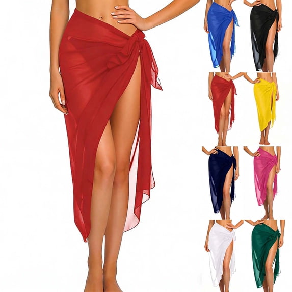 Feancey Womens Beach Sarong Chiffon Swimsuit Coverups High Slit Sheer Bikini Wraps for Swimwear Bathing Suit Cover Ups Red Free Size