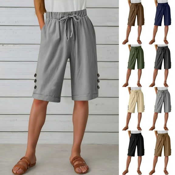 Feancey Womens Bermuda Shorts High Waist Casual Beach Shorts Loose Fit Drawstring Knee Length Shorts Summer Casual Vacation Short Pants with Pockets Navy M