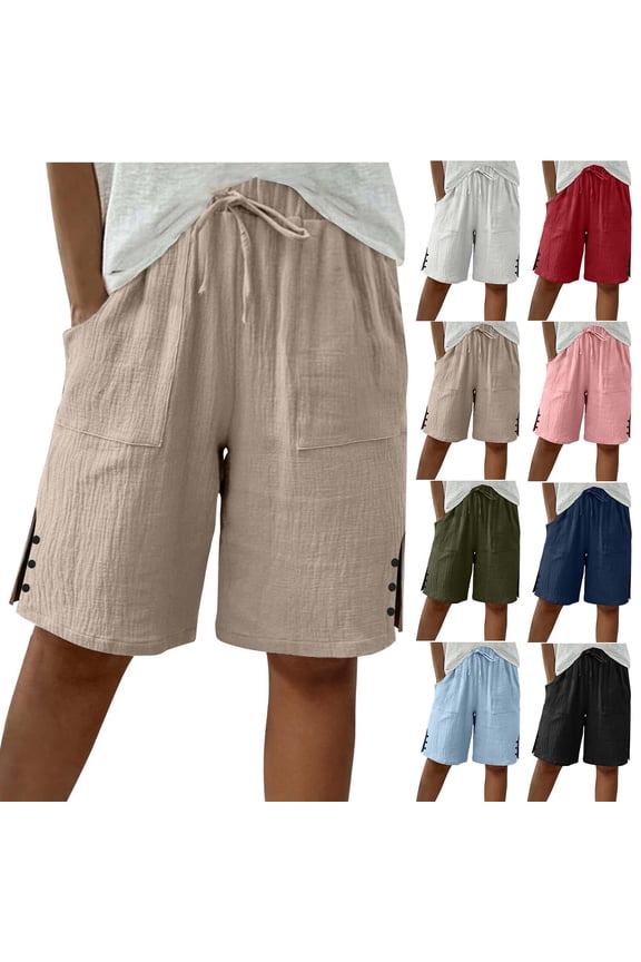 Womens Bermuda Shorts Summer Casual Wide Leg Knee Length Beach Shorts High Waisted Side Split Button Baggy Shorts with Pockets Black M