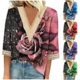 thumbnail image 1 of Feancey Womens Blouses Summer Trendy Lace V-neck 3/4 Sleeve Tops 2025 Casual Floral Print Plus Size Shirt Mid Length Loose Fit Tunics Sales Today of Today Prime,Green,3XL, 1 of 5