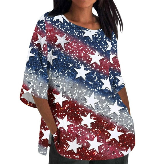 Feancey Womens Blouses Women's Linen Plus Size Tops 4th of July USA Flag Stars Stripes Sequin Print Shirts 3/4 Sleeve Crew Neck Loose Tunics Trendy Patriotic Tees