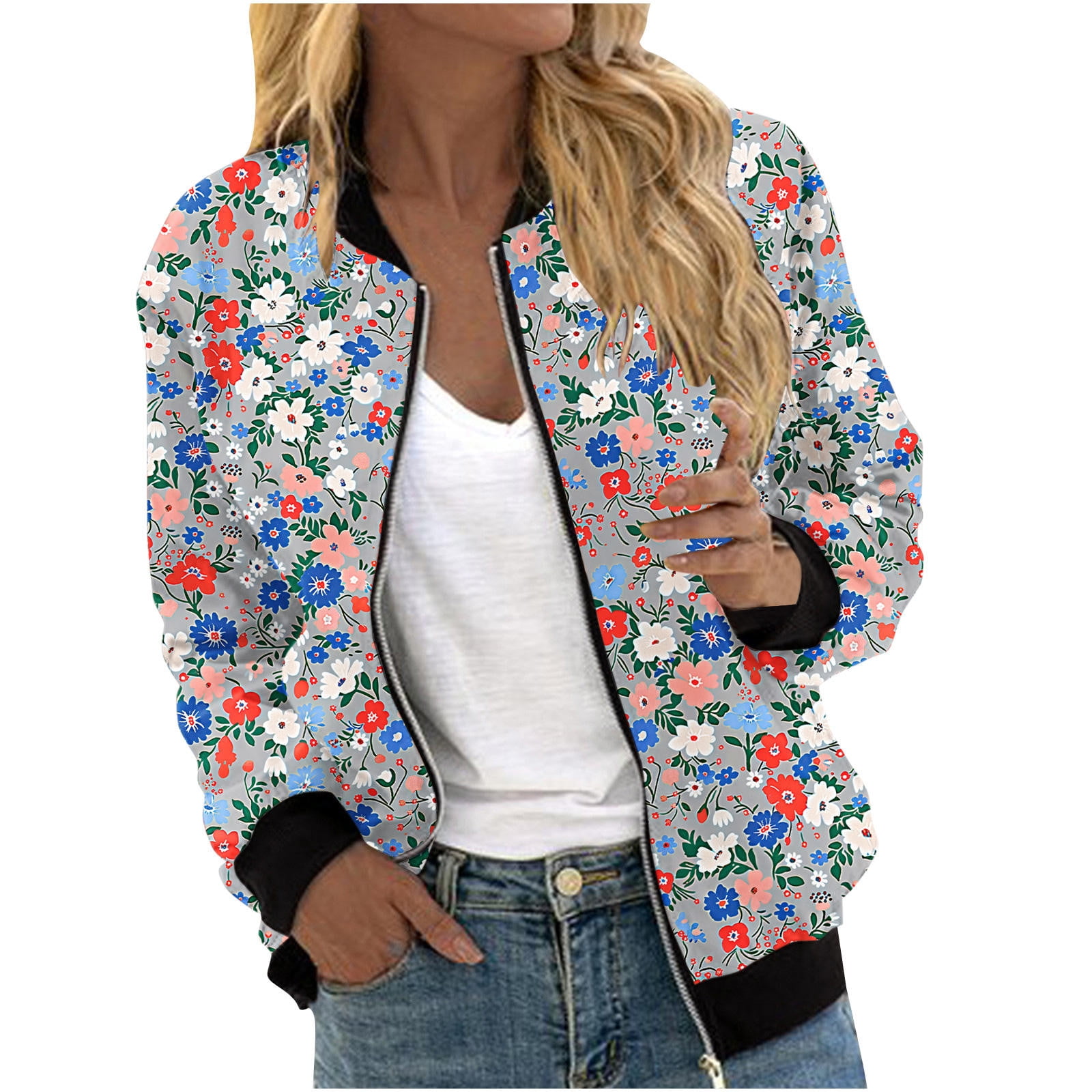 Feancey Womens Bomber Jacket Cute Floral Print Teen Girls Trucker Biker ...