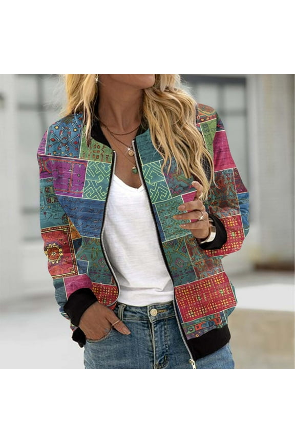 Womens Bomber Jackets Vintage Ethnic Printed Lightweight Zip Up Jacket Elastic Ribbed Casual Windbreaker Fall Lightweight Flight Varsity Jackets,Green,XL