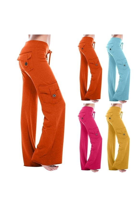 Womens Bootcut Cargo Pants Low Rise Casual Yoga Leggings Multi Pocket Fashing Flare Pants Loose Fit Drawstring Sweatpants Hot Pink XL