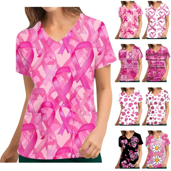 Feancey Womens Breast Cancer Awareness Tops Pink Ribbon Heart Print Scrubs Shirt Nurse Short Sleeve V Neck Working Uniforms Soft Stretch Nursing Shirts Pink XL