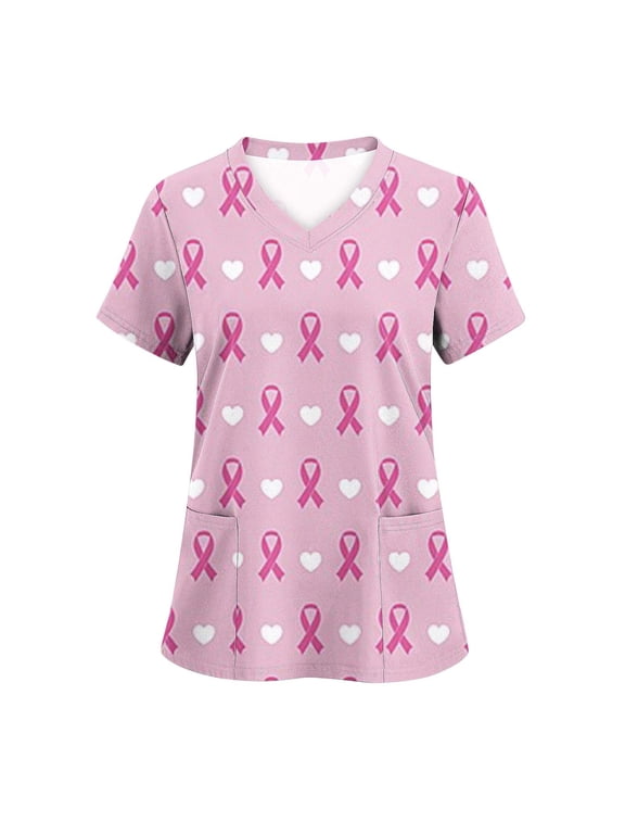 Womens Breast Cancer Scrub Tops Pink Ribbon Print Stretchy Nursing Shirts Comfy Loose Work Uniform Nurse Scrubs with Pockets Multicolor XXL