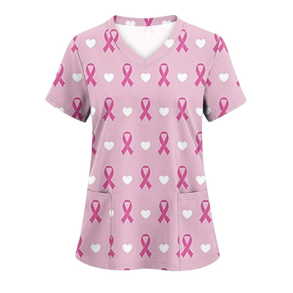 Feancey Womens Breast Cancer Scrubs,Scrub Tops for Women Short Sleeve V Neck Nursing Shirt Cancer Fight Awareness Tshirt Inspirational Top with Pockets Back to College Sale Multicolor M