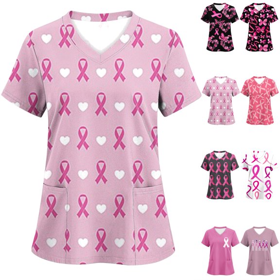 Feancey Womens Breast Cancer Scrubs,Scrub Tops for Women Short Sleeve V Neck Nursing Shirt Cancer Fight Awareness Tshirt Inspirational Top with Pockets Back to College Sale Multicolor M