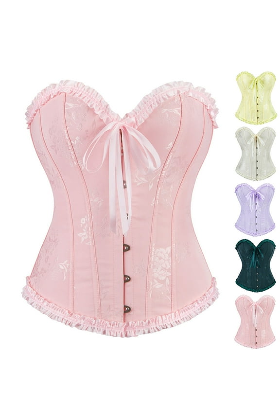 Womens Bustier Tops Ruffled Strapless Shapewear Lace Up Boned Corset Top Floral Printed Overbust Corsets Dressy Elegant Bridal Bustiers Beige XXL