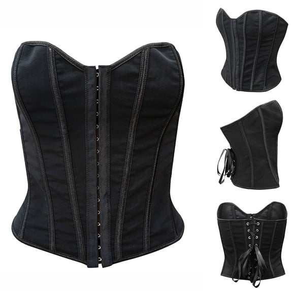 Feancey Womens Bustiers Steampunk Corsets Lace Up Back Bustier Tops Halloween Vintage Overbust Corset Solid Color Waist Shaper with Front Hooks Black XL