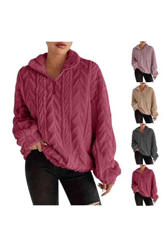 Womens Cable Knit Sweaters Quarter Zip Mock Neck Long Sleeve Pullover Sweater Cozy Warm Thermal Tops Winter Trendy Knitted Jumpers Wine XXL