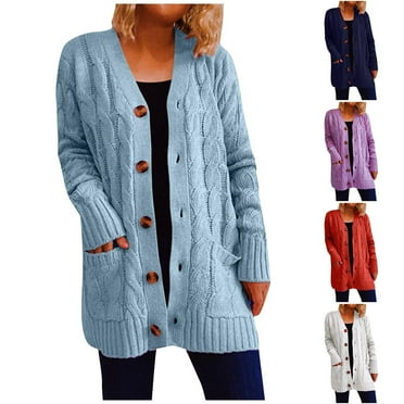 Feancey Womens Cable Knit Sweaters Winter Soft Open Front Cardigans Slim Fit Casual Long Sleeve Collarless Sweater Comfy Button Down Knitted Jackets Clearance Sales Light Blue S