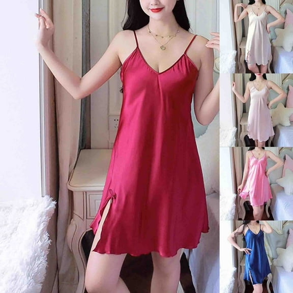 Feancey Womens Cami Nightgowns Sleeveless V Neck Satin Nightshirts Side Slit Silky Sleepwear Solid Color Casual Sleep Dress Novelty Gifts White M