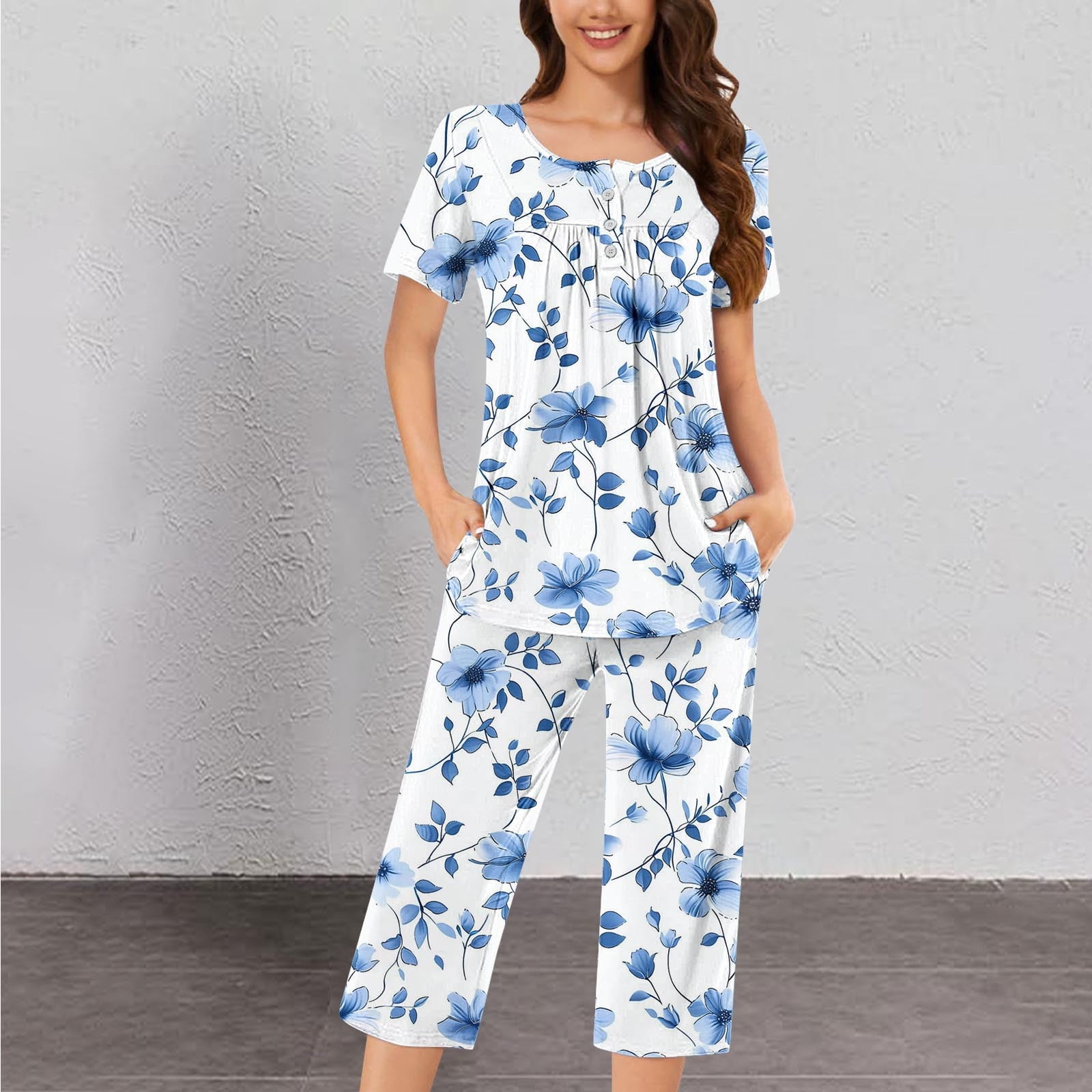Sleepdown Women's Printed Pajama Set - Short Sleeve Top & Wide Leg Pants, Animal Print, Cotton Blend Loungewear