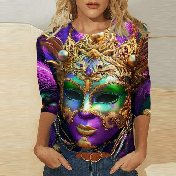 Feancey Womens Casual 3/4 Sleeve Tops Trendy Mask Pattern Carnival Themed Tees Crewneck Casual Loose Tunics Fall Fashion Holiday Blouse Multicolor XL