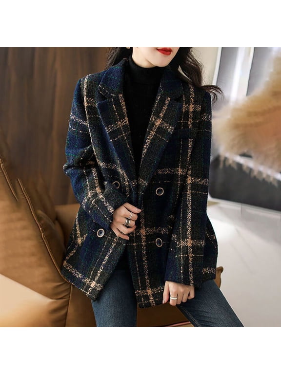 Womens Casual Blazers Woolen Plaid Blazer Coat Notch Lapel Long Sleeve Button Double Breasted Jackets Peacoat Navy 4XL