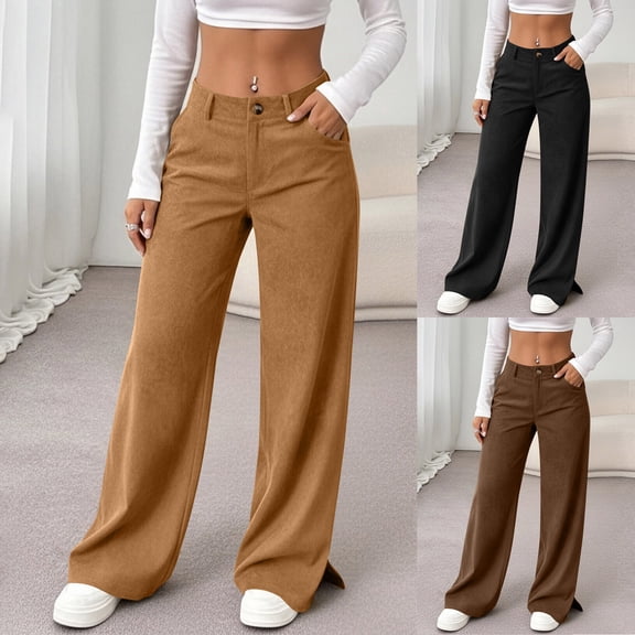 Feancey Womens Casual Corduroy Pants Split Bottom Wide Leg Sweatpants Button High Waisted Work Pants Solid Color Loose Trousers with Pockets Coffee M