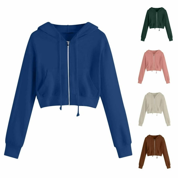 Feancey Womens Casual Cropped Jackets Lightweight Zip Up Hooded Sweatshirt Fall Fleece Long Sleeve Hoodie Jacket with Pockets Fashion Clothes Blue 3XL