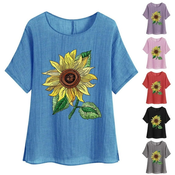 Feancey Womens Casual Tops Short Sleeve Linen Blouse Summer Boho Floral Print T Shirts Side Slit Loose Crewneck Tee Vintage Beach Vacation Tshirt Summer Sales Black XL