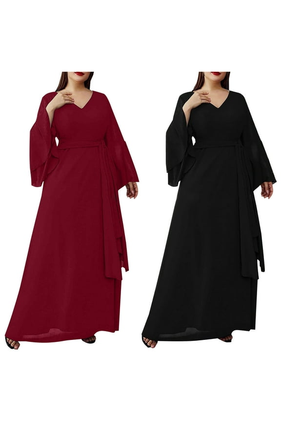 Womens Chiffon Formal Dress Elegant Bell Sleeves Maxi Dresses for Wedding Guest Lace up High Waist A-Line Dress Dressy V Neck Cocktail Dresses Gifts for Mom Black XXL